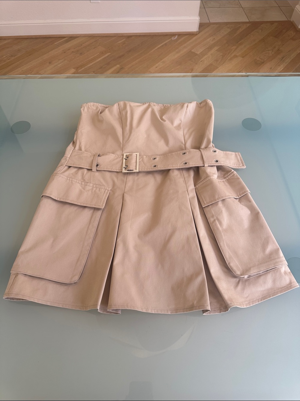 PrettyLittleThing Strapless Beige Belted Cargo Pocket Dress